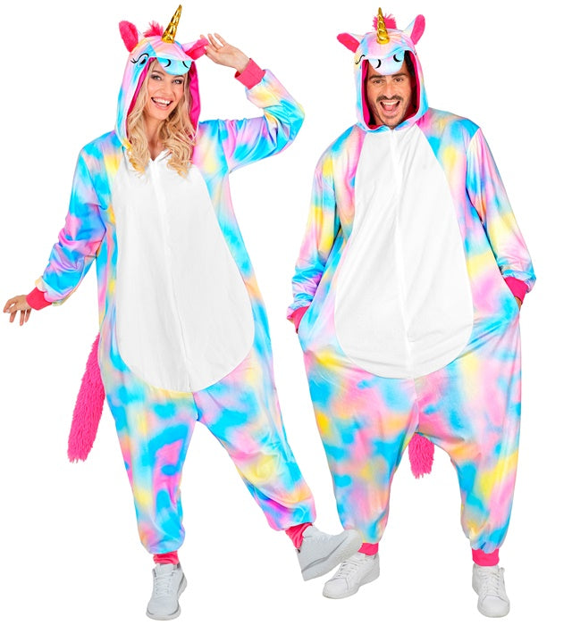 Einhorn Onesie Plüschkostüm mit Kapuze auf weißem Hintergrund