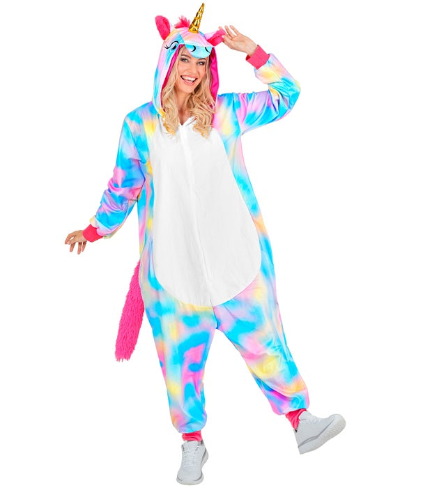 Einhorn Onesie Plüschkostüm mit Kapuze auf weißem Hintergrund
