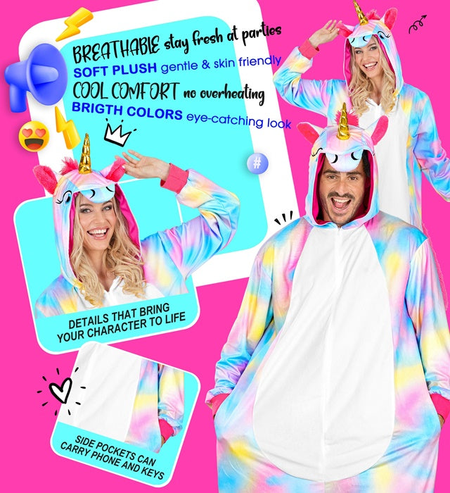 Einhorn Onesie Plüschkostüm mit Kapuze auf weißem Hintergrund