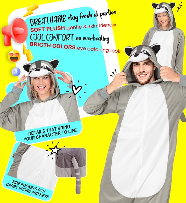 Waschbär Onesie Plüschkostüm mit Kapuze für Fasnacht und Karneval