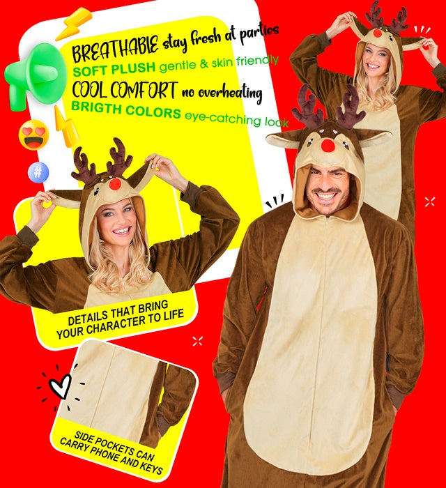 Rentier Onesie Plüschkostüm mit Kapuze auf hellem Hintergrund