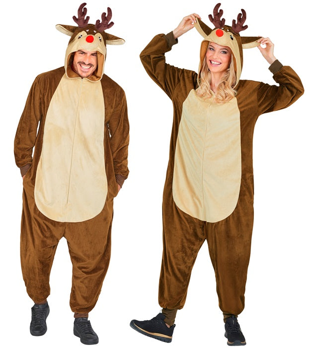 Rentier Onesie Plüschkostüm mit Kapuze auf hellem Hintergrund
