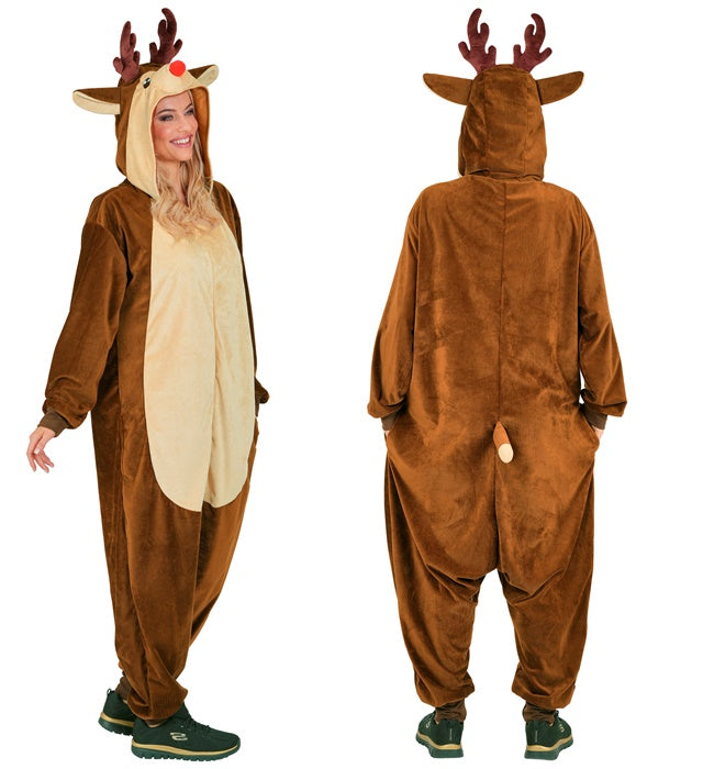 Rentier Onesie Plüschkostüm mit Kapuze auf hellem Hintergrund