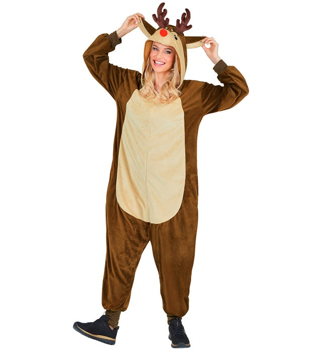 Rentier Onesie Plüschkostüm mit Kapuze auf hellem Hintergrund