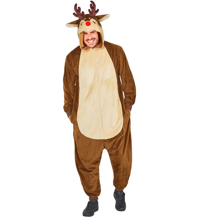 Rentier Onesie Plüschkostüm mit Kapuze auf hellem Hintergrund