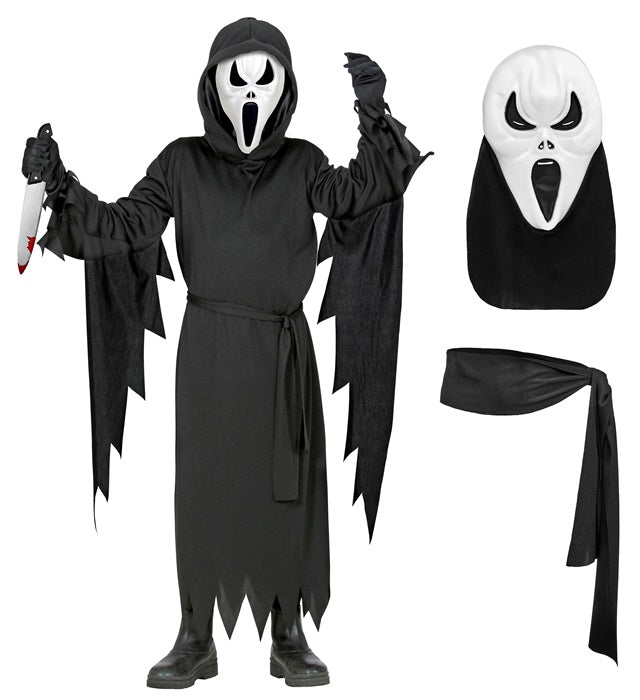 Schwarzer schreiender Geist Umhang mit Kapuze, Gürtel und gruseliger Maske