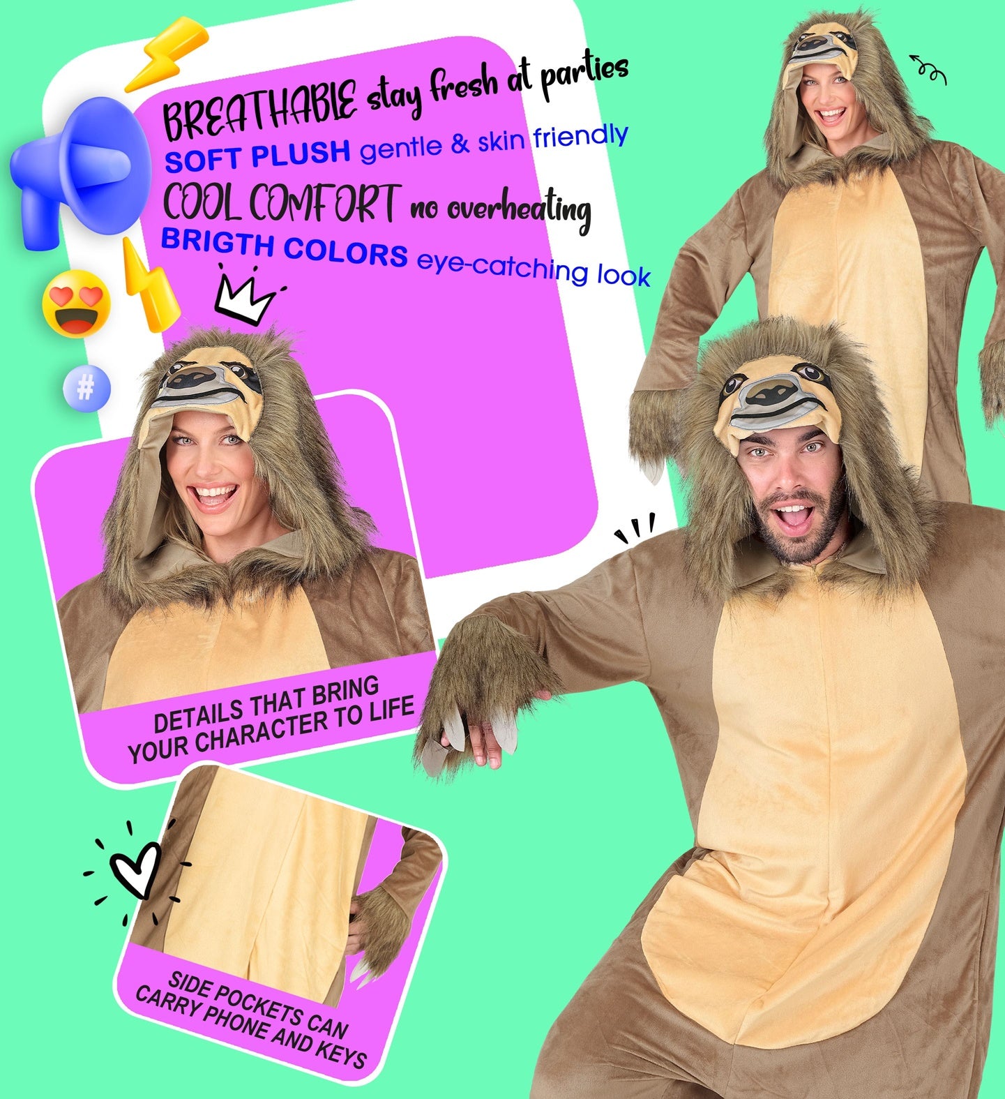 Plüsch Faultier Kostüm Overall Onesie mit Kapuze