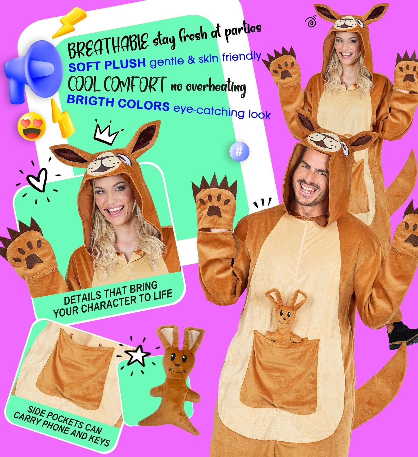 Plüsch Känguru Kostüm Overall Onesie mit Kapuze