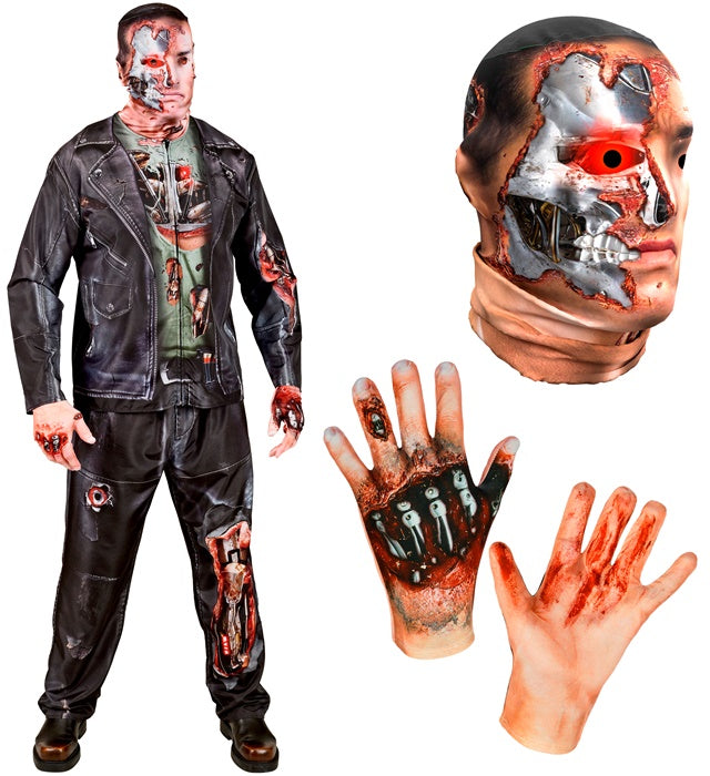 Cyborg Fast Kostüm mit Maske, Handschuhen, Oberteil und Hose in futuristischem Design