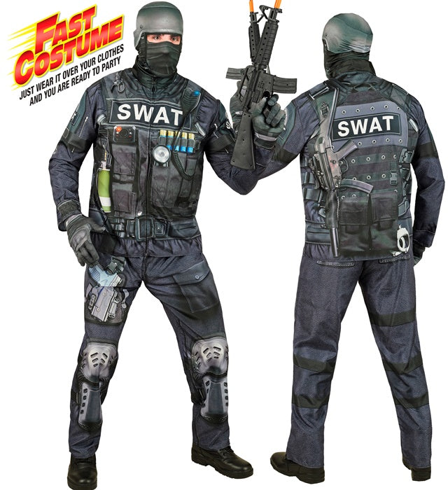 S.W.A.T. Einsatzkostüm mit Oberteil, Hose, Handschuhen und Maske auf weissem Hintergrund