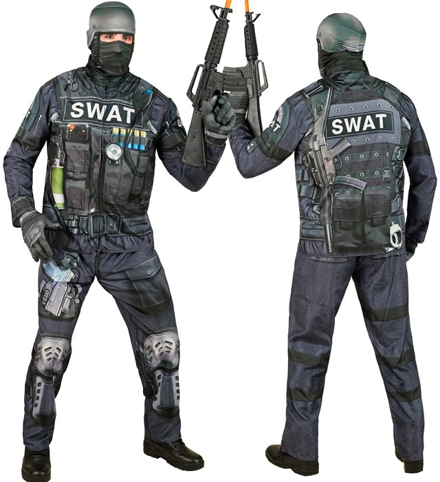 S.W.A.T. Einsatzkostüm mit Oberteil, Hose, Handschuhen und Maske auf weissem Hintergrund