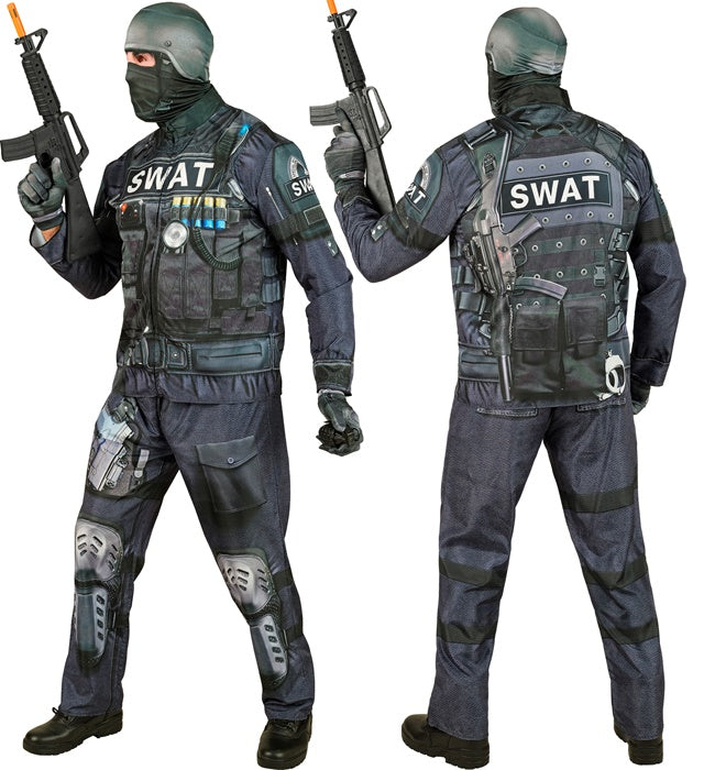 S.W.A.T. Einsatzkostüm mit Oberteil, Hose, Handschuhen und Maske auf weissem Hintergrund