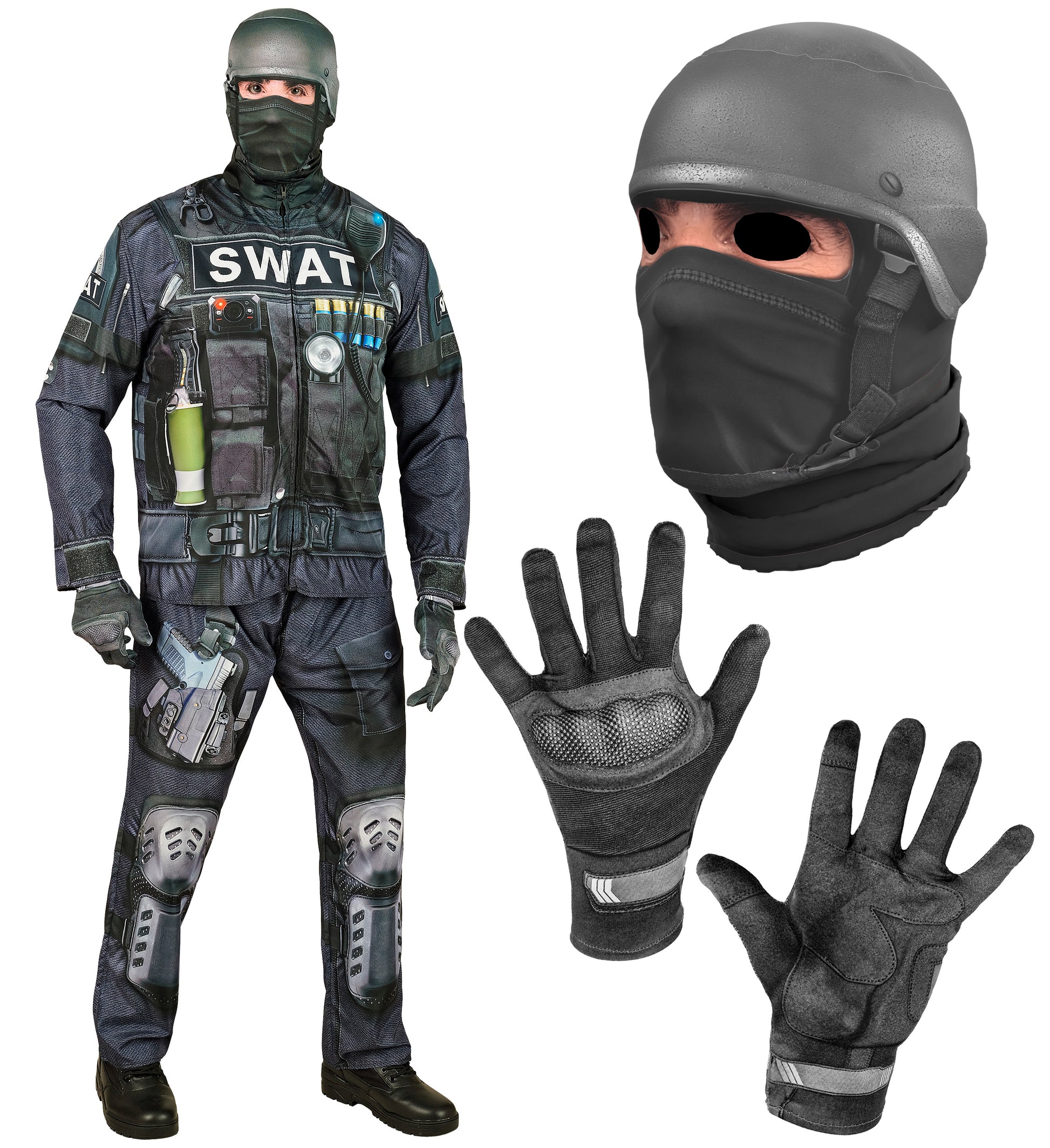 S.W.A.T. Einsatzkostüm mit Oberteil, Hose, Handschuhen und Maske auf weissem Hintergrund