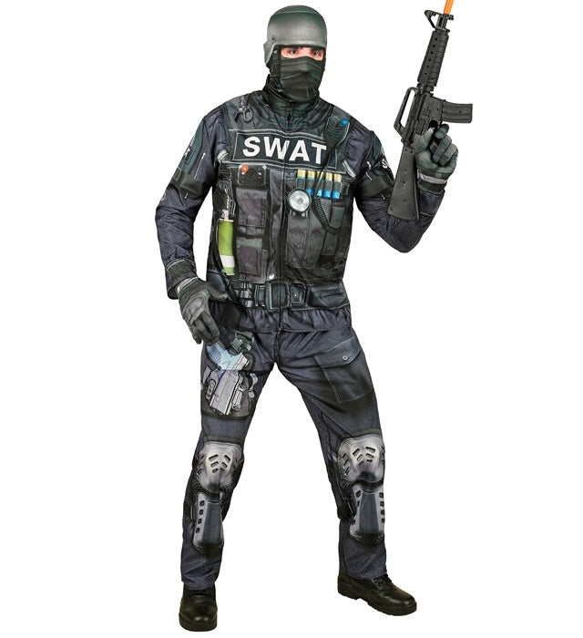 S.W.A.T. Einsatzkostüm mit Oberteil, Hose, Handschuhen und Maske auf weissem Hintergrund