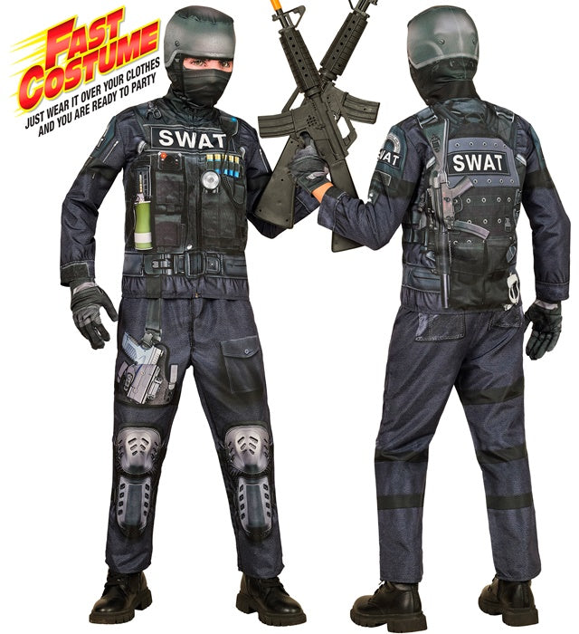S.W.A.T. Einsatzkostüm mit Maske, Handschuhen und Hose auf weißem Hintergrund