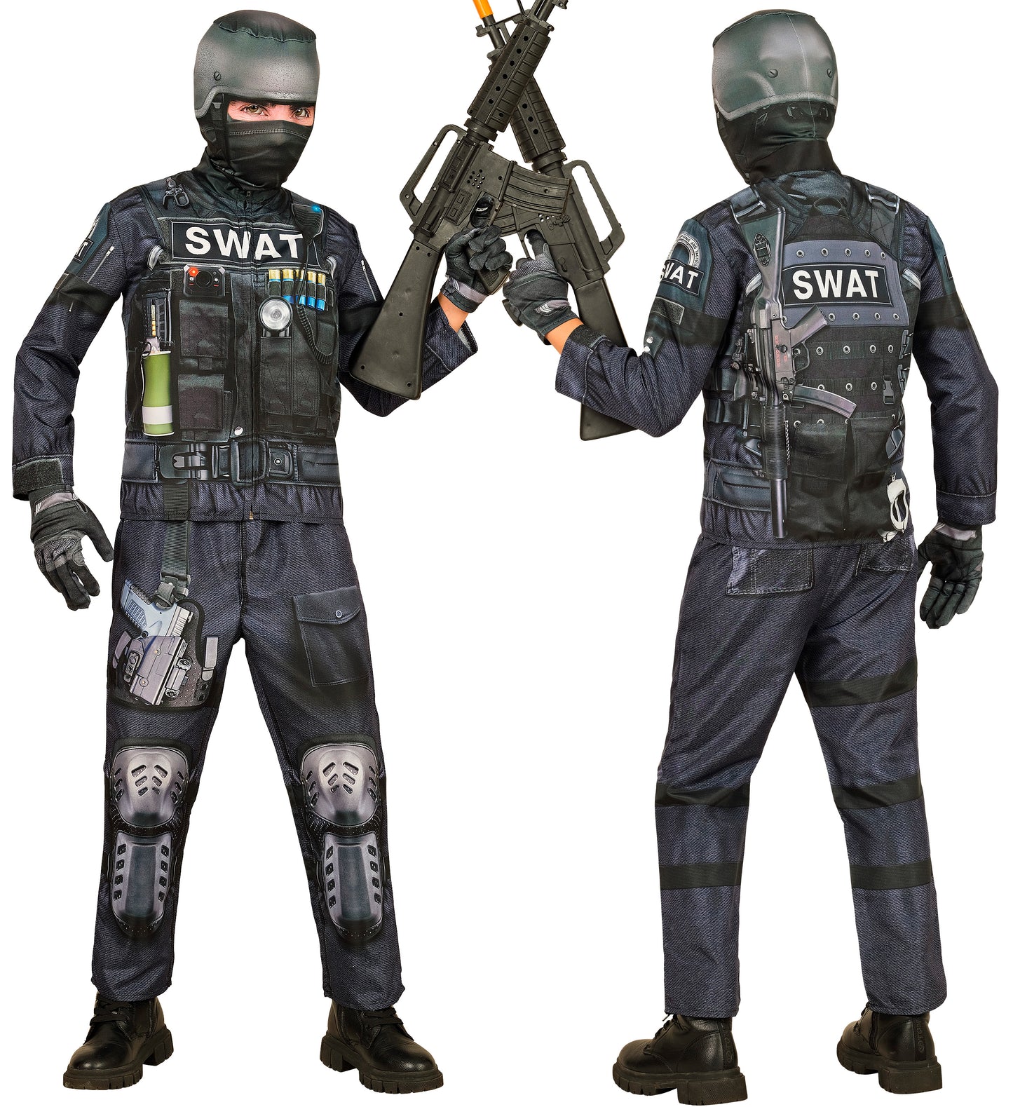 S.W.A.T. Einsatzkostüm mit Maske, Handschuhen und Hose auf weißem Hintergrund