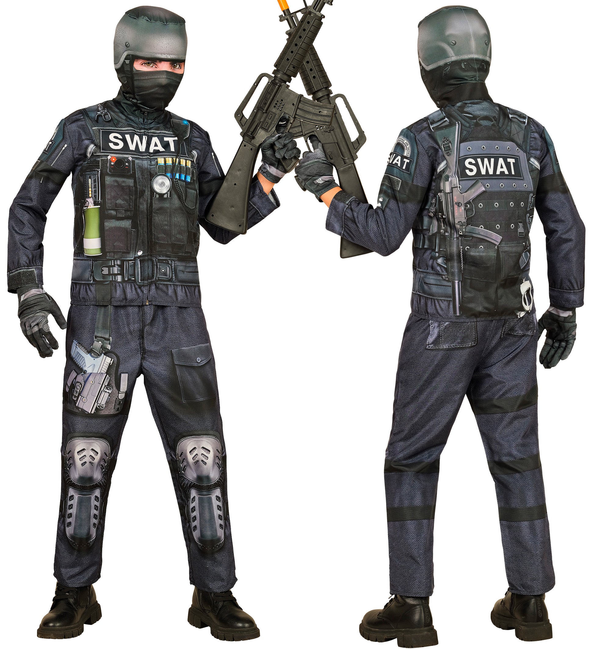 S.W.A.T. Einsatzkostüm mit Maske, Handschuhen und Hose auf weißem Hintergrund