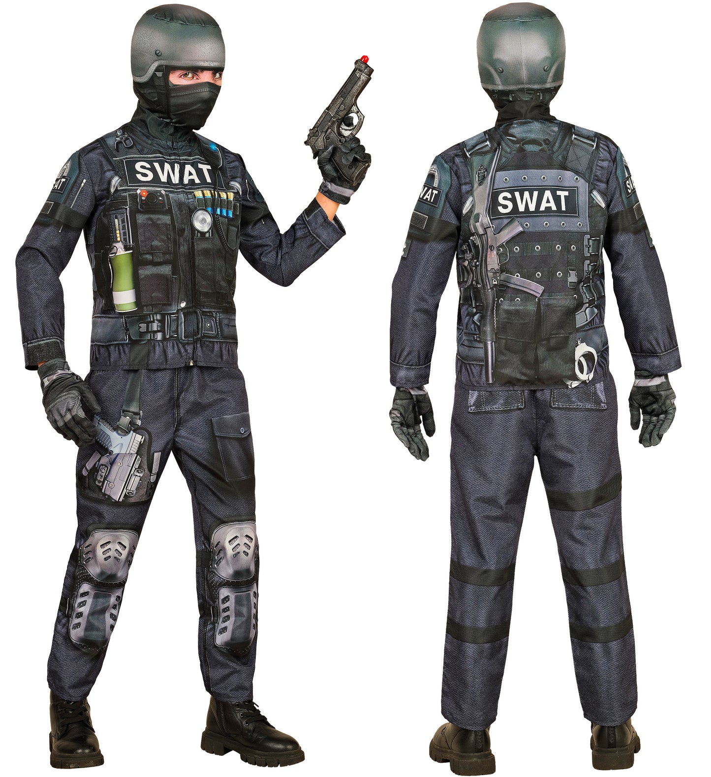 S.W.A.T. Einsatzkostüm mit Maske, Handschuhen und Hose auf weißem Hintergrund