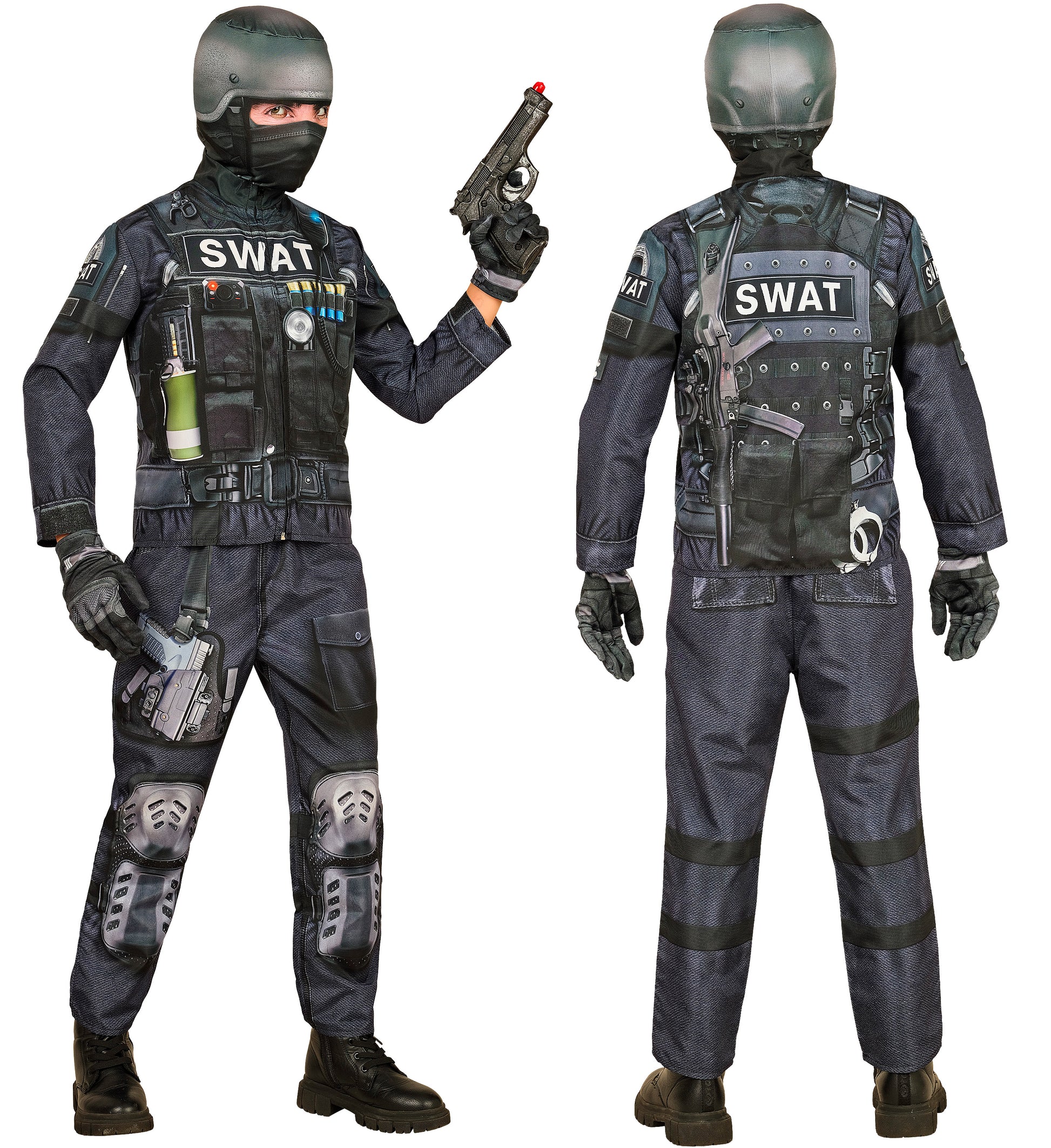 S.W.A.T. Einsatzkostüm mit Maske, Handschuhen und Hose auf weißem Hintergrund