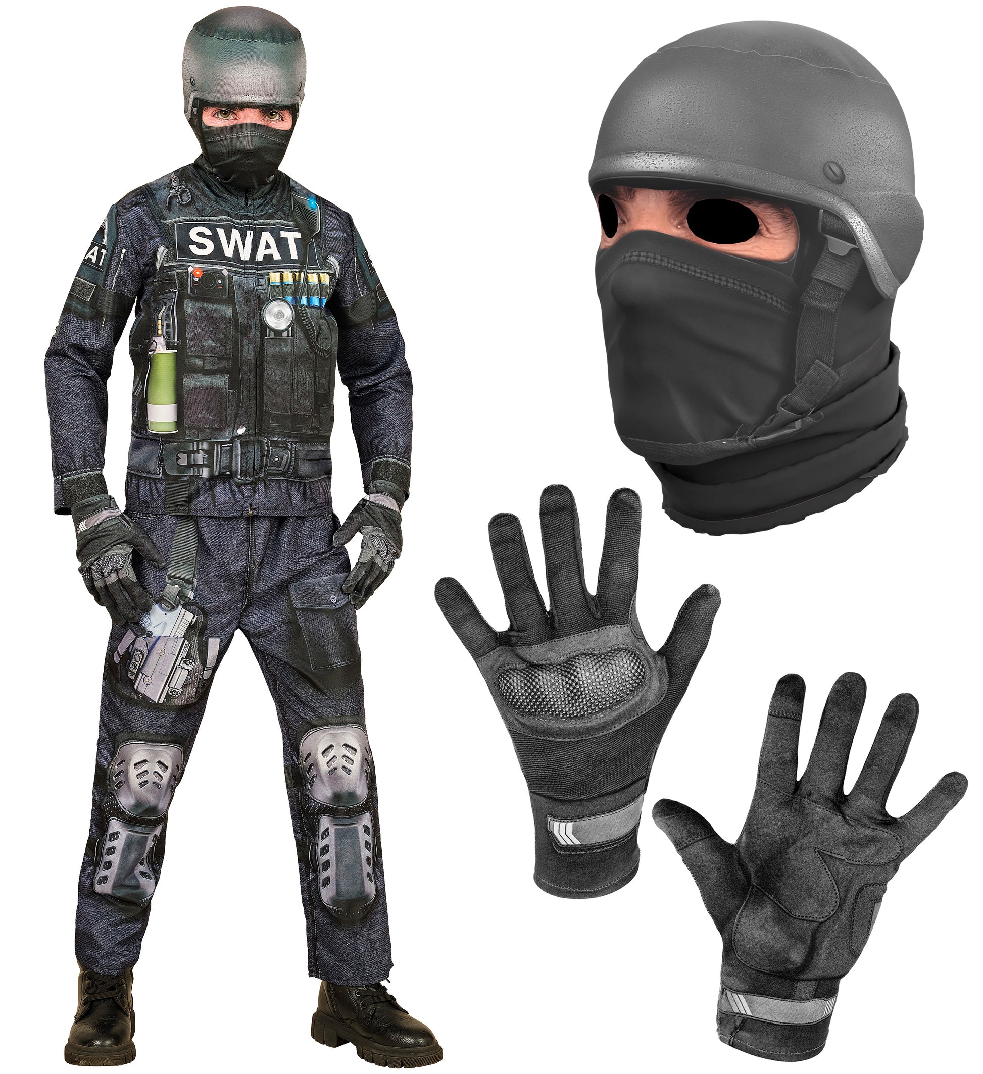 S.W.A.T. Einsatzkostüm mit Maske, Handschuhen und Hose auf weißem Hintergrund