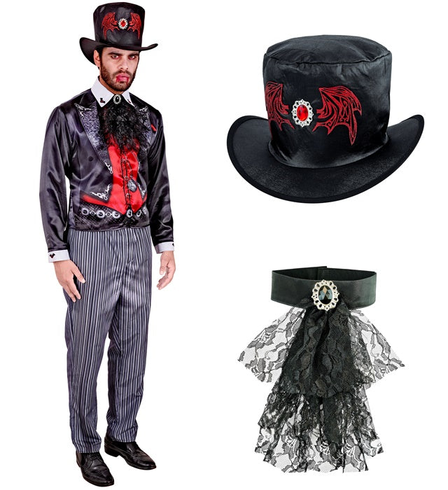 Vampir-Fast-Kostüm mit Oberteil, Hose, Hut und Jabot für Fasnacht