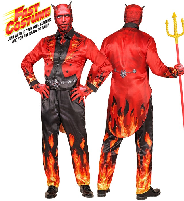 Teufelskostüm mit rotem Oberteil, Hose, Handschuhen und Maske mit Hörnern