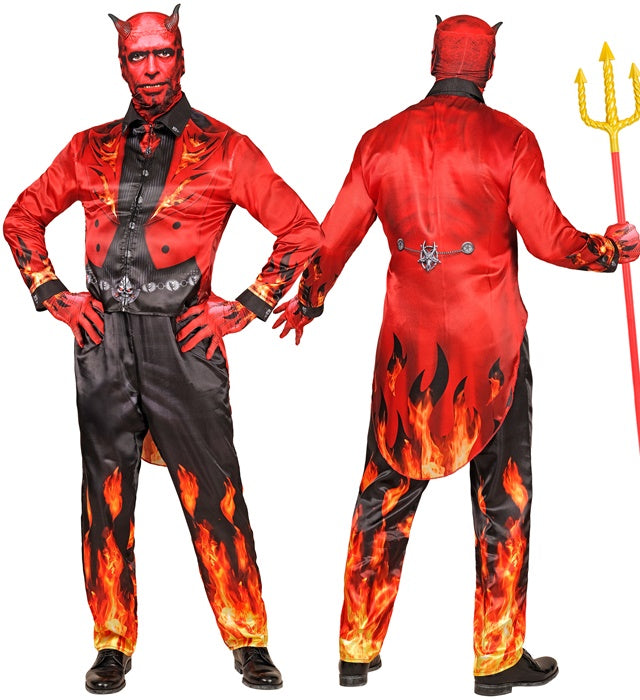Teufelskostüm mit rotem Oberteil, Hose, Handschuhen und Maske mit Hörnern