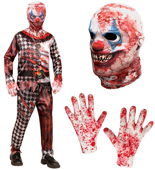 Killer Clown Fasnachtskostüm mit Maske, Handschuhen, Oberteil und Hose