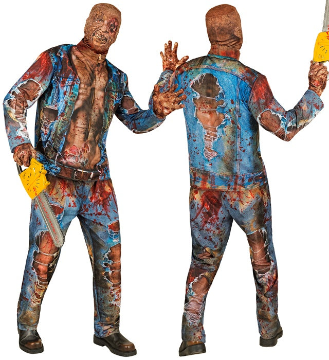 Zombie Fast Kostüm mit Maske, Oberteil, Hose und Handschuhen auf weißem Hintergrund