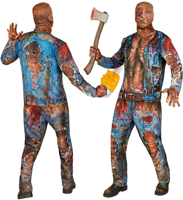 Zombie Fast Kostüm mit Maske, Oberteil, Hose und Handschuhen auf weißem Hintergrund