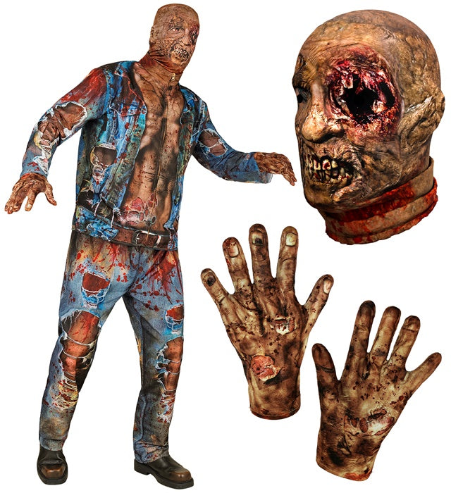 Zombie Fast Kostüm mit Maske, Oberteil, Hose und Handschuhen auf weißem Hintergrund