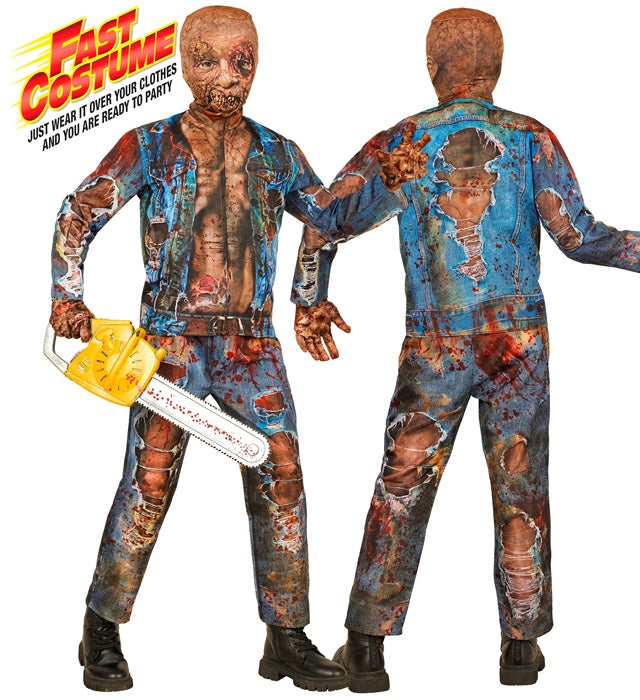 Zombie Fast Kostüm mit Maske, Handschuhen, Oberteil und Hose auf schwarzem Hintergrund