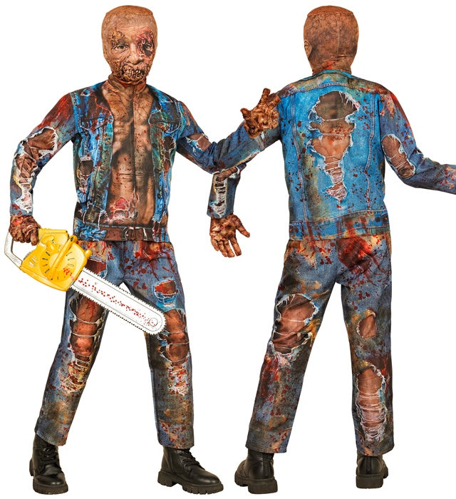 Zombie Fast Kostüm mit Maske, Handschuhen, Oberteil und Hose auf schwarzem Hintergrund