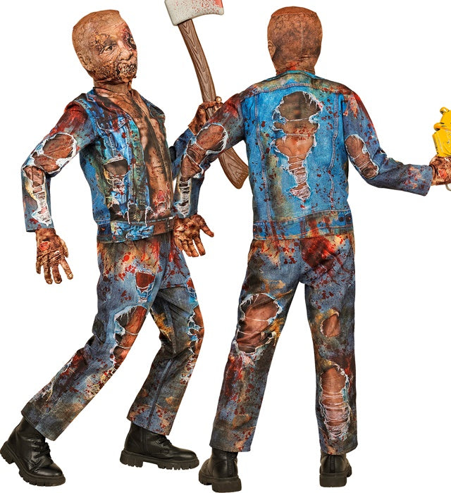 Zombie Fast Kostüm mit Maske, Handschuhen, Oberteil und Hose auf schwarzem Hintergrund