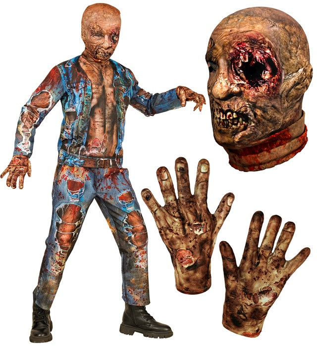 Zombie Fast Kostüm mit Maske, Handschuhen, Oberteil und Hose auf schwarzem Hintergrund