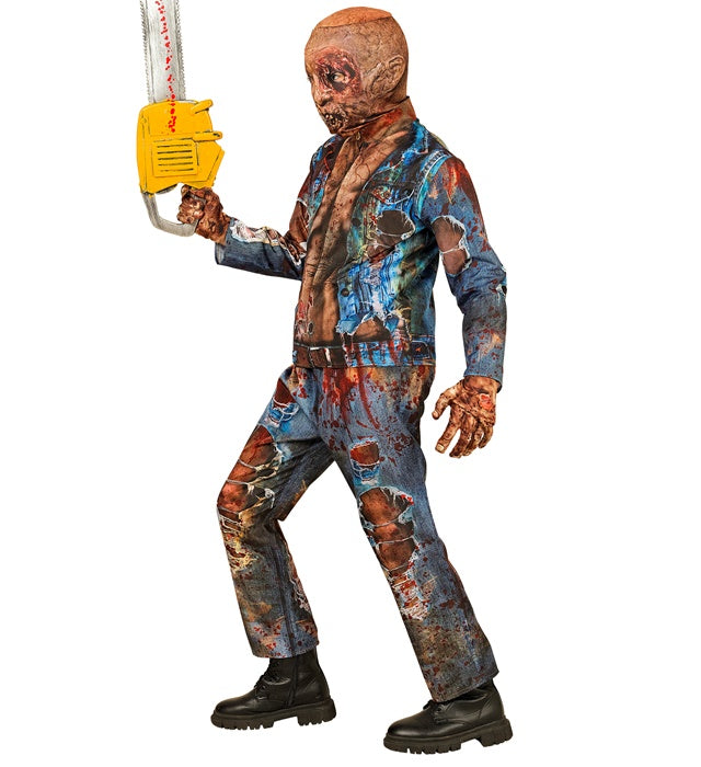 Zombie Fast Kostüm mit Maske, Handschuhen, Oberteil und Hose auf schwarzem Hintergrund