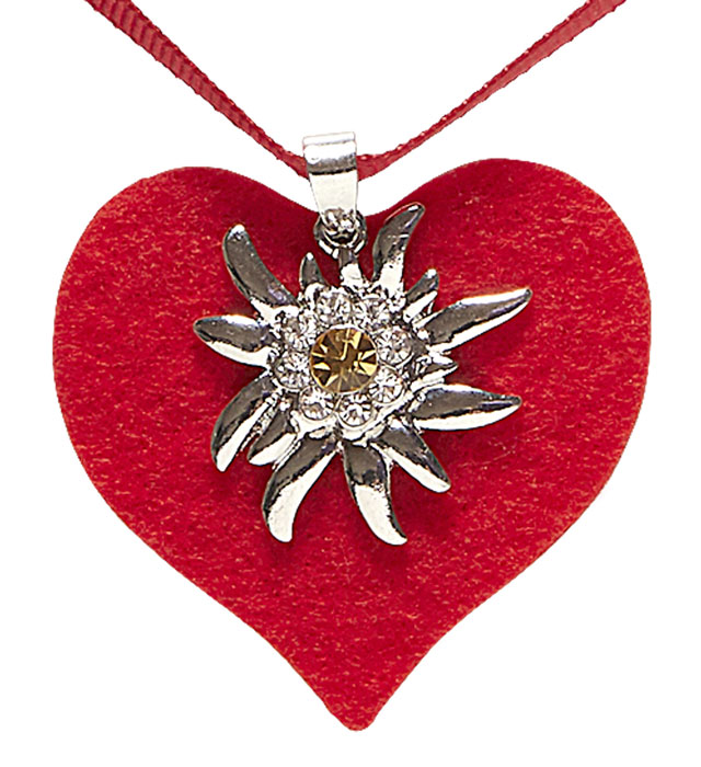 Bandkette mit rotem Herz und Strass-Edelweiss als Schweizer Schmuckdetail