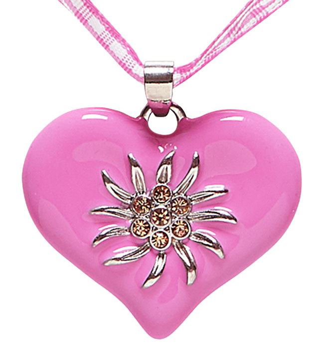 Rosa-weiss kariertes Bandkette mit Strassherz und Edelweiss-Anhänger