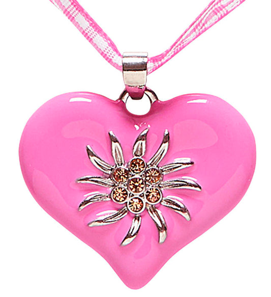 Rosa-weiss kariertes Bandkette mit Strassherz und Edelweiss-Anhänger
