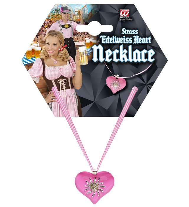 Rosa-weiss kariertes Bandkette mit Strassherz und Edelweiss-Anhänger