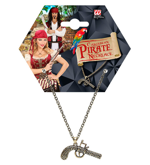 Halskette mit detailreicher Piratenpistole als Anhänger auf schwarzem Hintergrund
