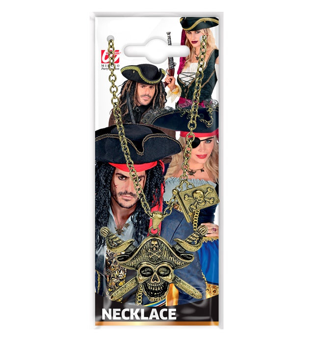 Halskette mit Piratentotenkopf und gekreuzten Schwertern auf schwarzem Hintergrund
