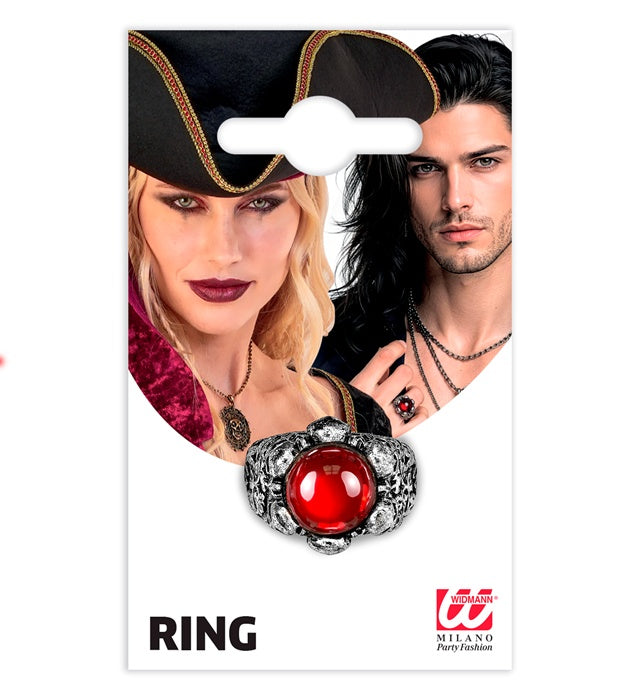 Totenkopf-Ring mit rotem Juwel als Piraten-Schmuck für Fasnacht