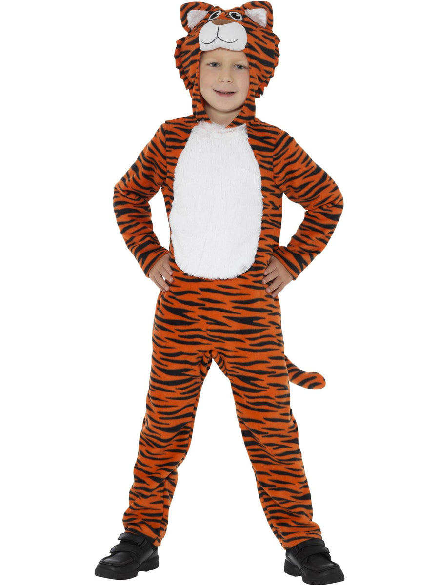 Smiffys Tiger-Kostüm für Kinder in Orange und Schwarz mit Kapuze und Schwanz – Produktansicht