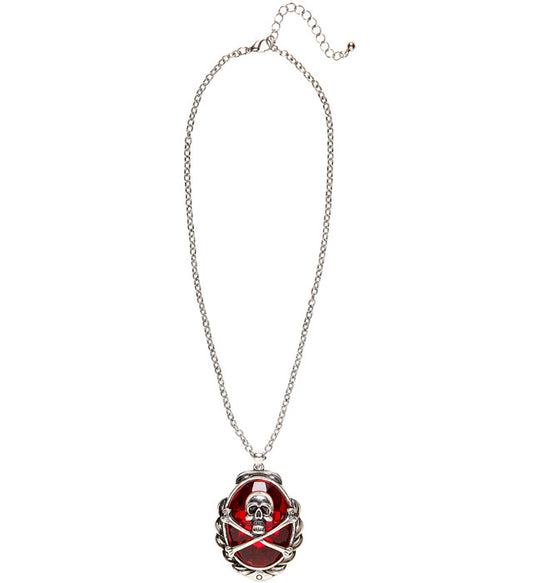 Rote Halskette mit Totenkopf und gekreuzten Knochen als Piraten-Accessoire