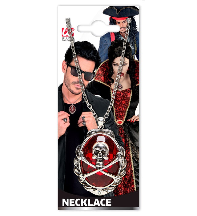 Rote Halskette mit Totenkopf und gekreuzten Knochen als Piraten-Accessoire