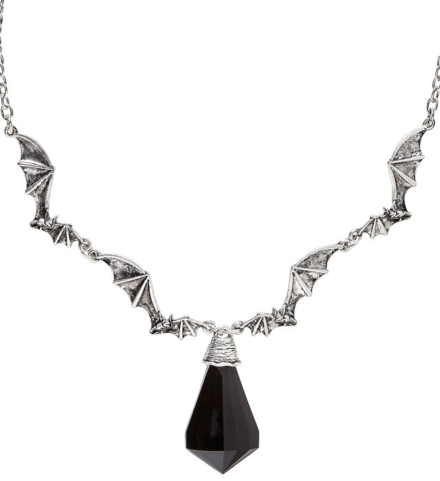 Halskette mit filigranem Fledermaus-Anhänger und schwarzem Schmuckstein