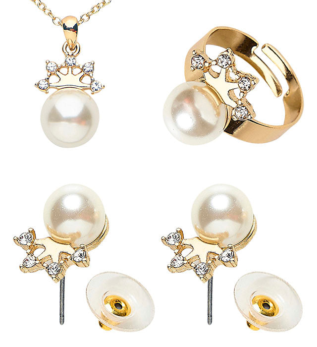 Goldene Kette, Perlenring und Ohringe mit Strasskrone als Fasnachts-Schmuck