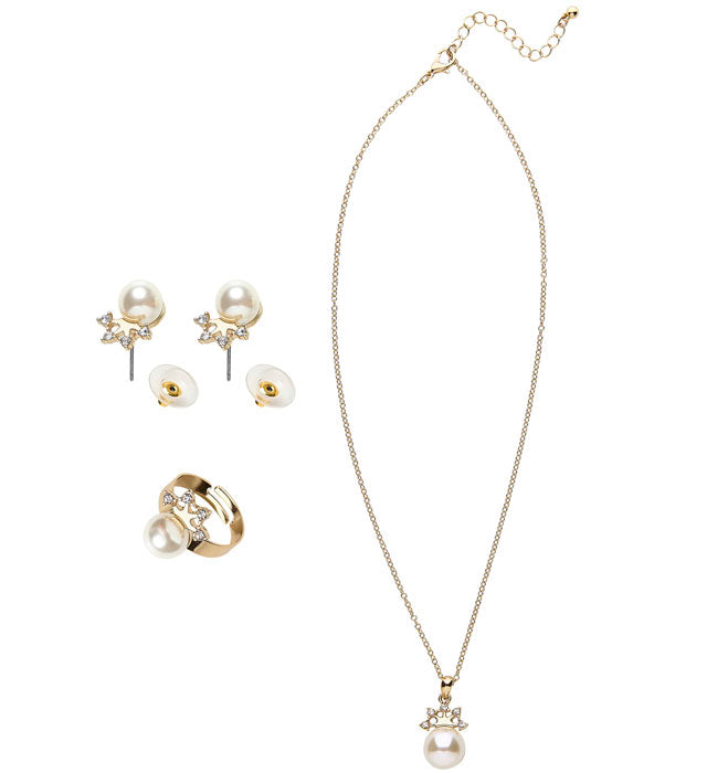 Goldene Kette, Perlenring und Ohringe mit Strasskrone als Fasnachts-Schmuck