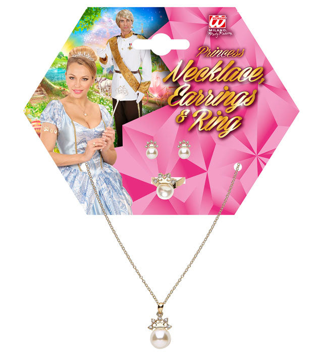 Goldene Kette, Perlenring und Ohringe mit Strasskrone als Fasnachts-Schmuck